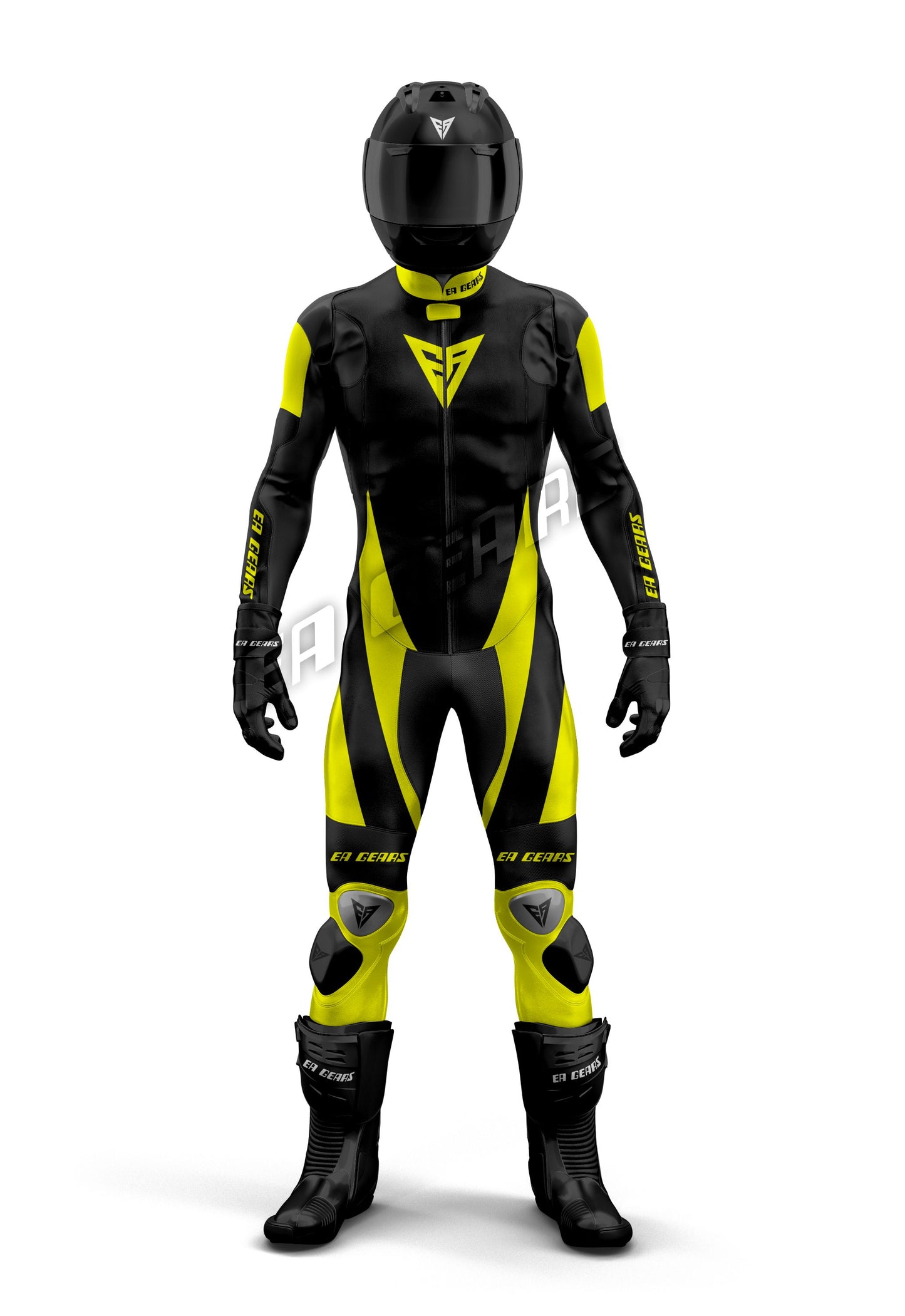 Full-length image of a professional one-piece leather motorcycle racing suit in black and bright hi-vis yellow with black racing boots and helmet. The suit features CE Level 2 armor, shoulder sliders, and knee sliders.