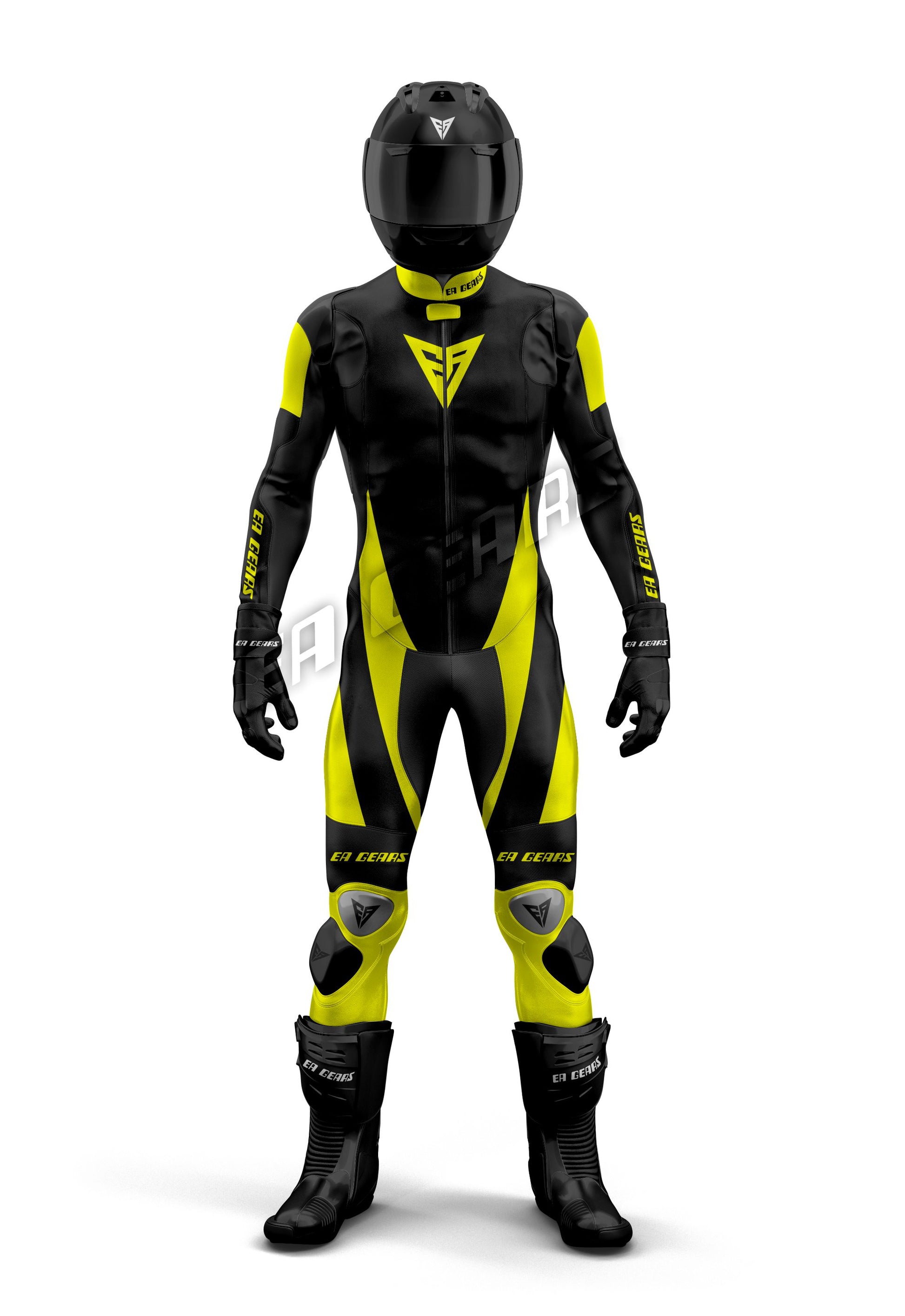 Full-length image of a professional one-piece leather motorcycle racing suit in black and bright hi-vis yellow with black racing boots and helmet. The suit features CE Level 2 armor, shoulder sliders, and knee sliders.