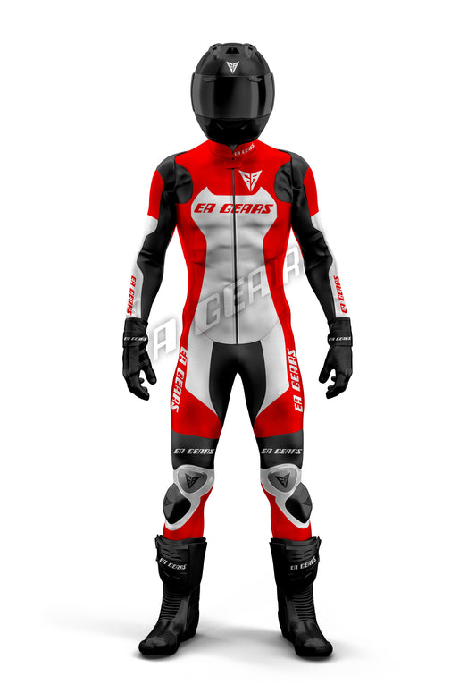 Red black and grey leather motorcycle racing suit professional gear