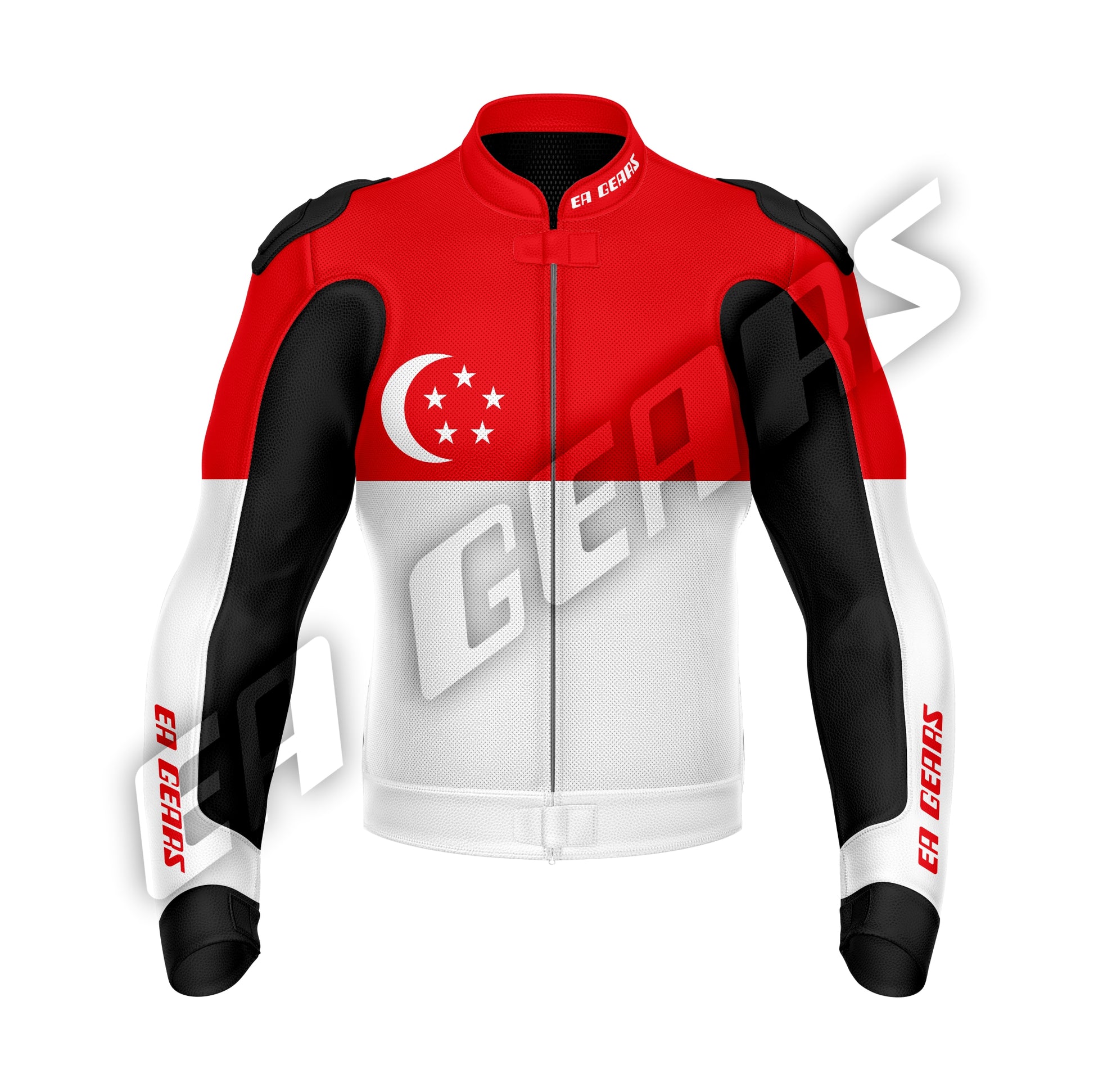 Singapore flag motorcycle leather riding jacket by EA Gears for professional bikers