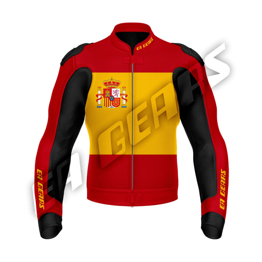 Spanish biker jacket featuring red and yellow racing design