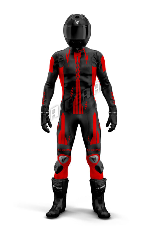 Aggressive black and red leather motorcycle racing suit with unique V-stripe graphics, designed for track use and featuring high-level CE protection