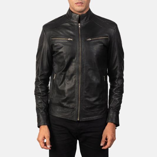 Stealth-jet-black-cafe-racer-leather-jacket-front-view