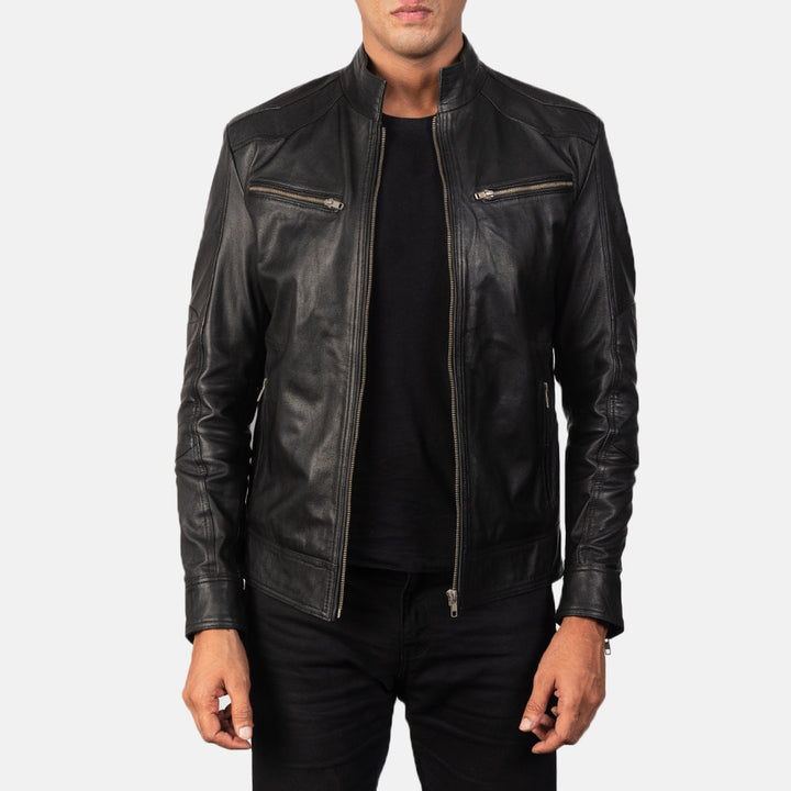 Stealth-jet-black-cafe-racer-leather-jacket-front-view-zip
