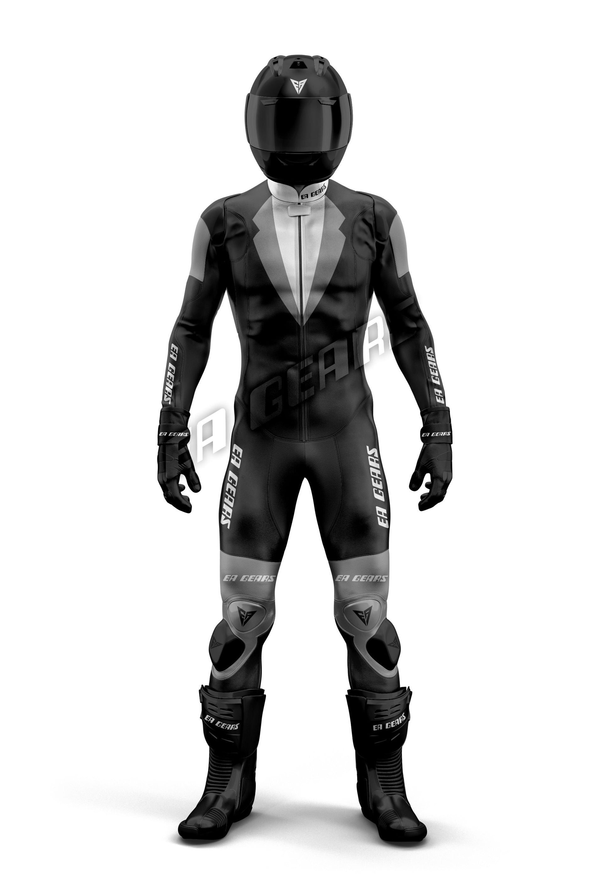 Unique novelty black leather motorcycle racing suit with a white and black tuxedo style graphic, designed for track use and custom riding