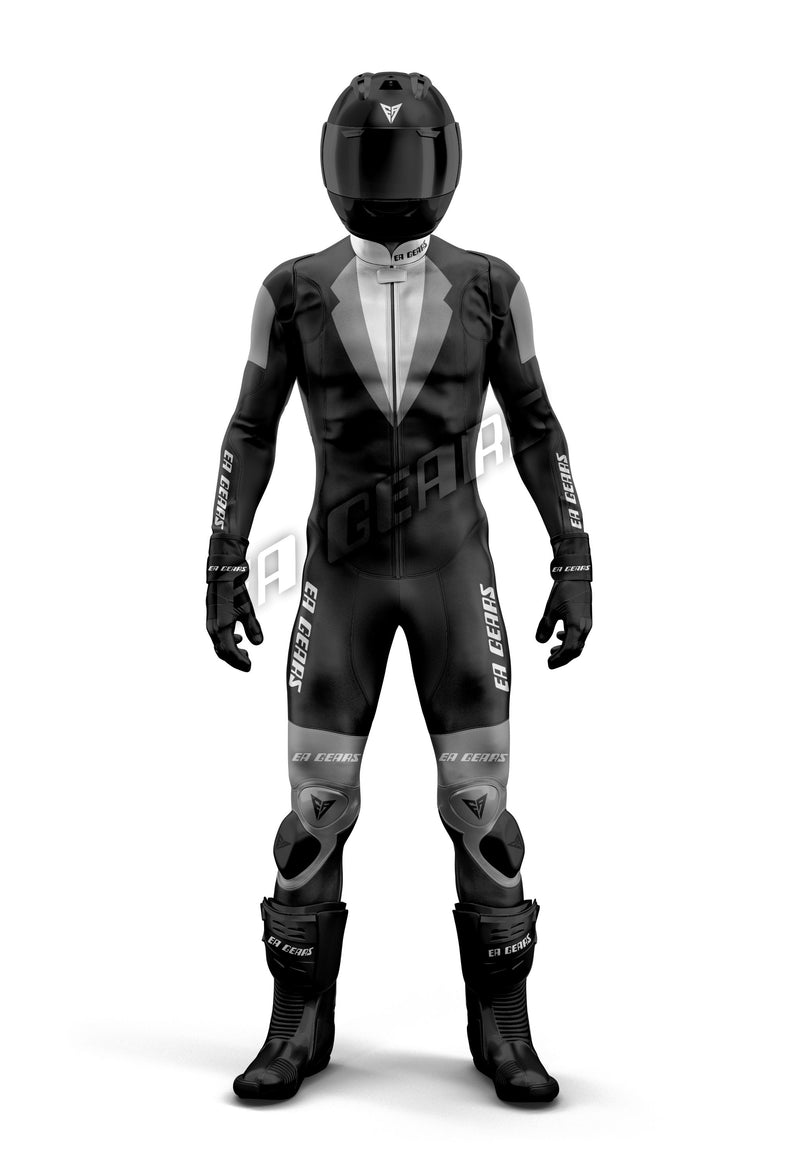 Unique novelty black leather motorcycle racing suit with a white and black tuxedo style graphic, designed for track use and custom riding