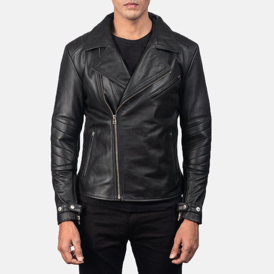 Titan-black-ribbed-padded-leather-biker-jacket-front-view