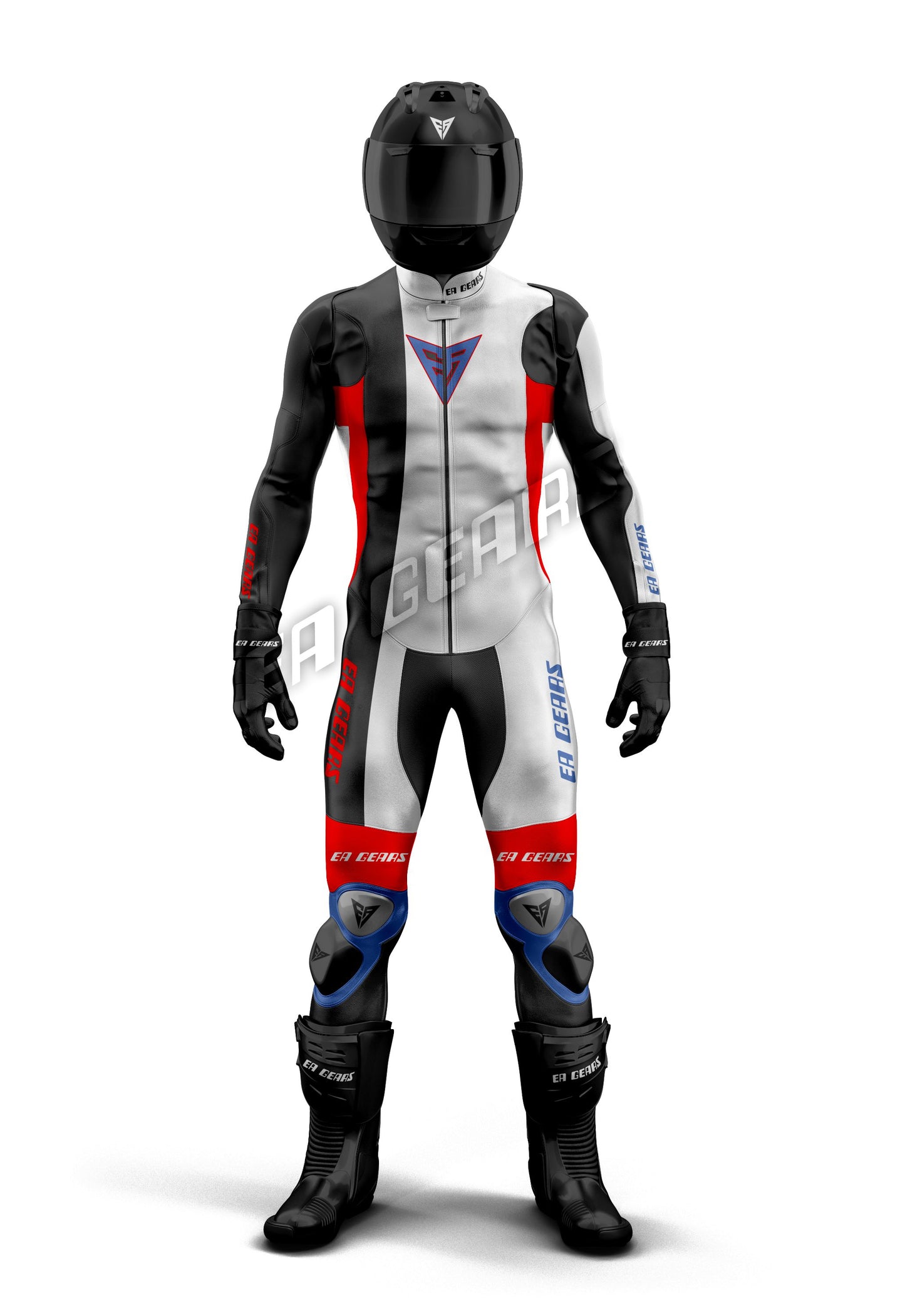 Professional one-piece & two-piece leather motorcycle racing suit in a bold tri-color pattern of black, white, and red, with blue knee slider accents. Shown with a black helmet and racing boots.