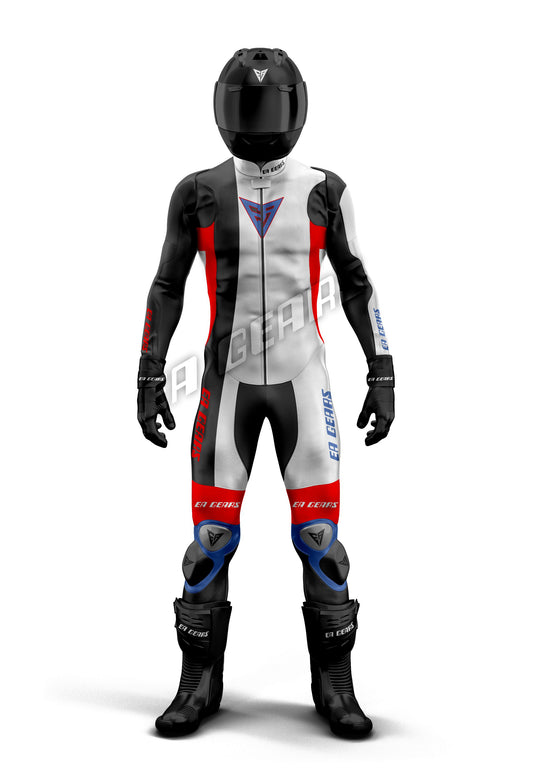 Professional one-piece & two-piece leather motorcycle racing suit in a bold tri-color pattern of black, white, and red, with blue knee slider accents. Shown with a black helmet and racing boots.
