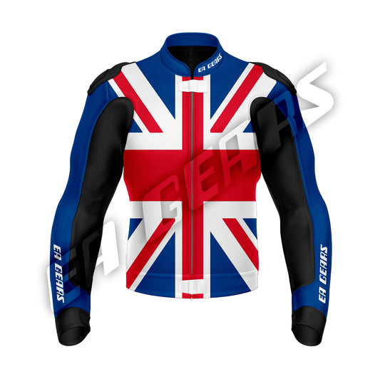 UK flag motorcycle leather jacket front view for bikers