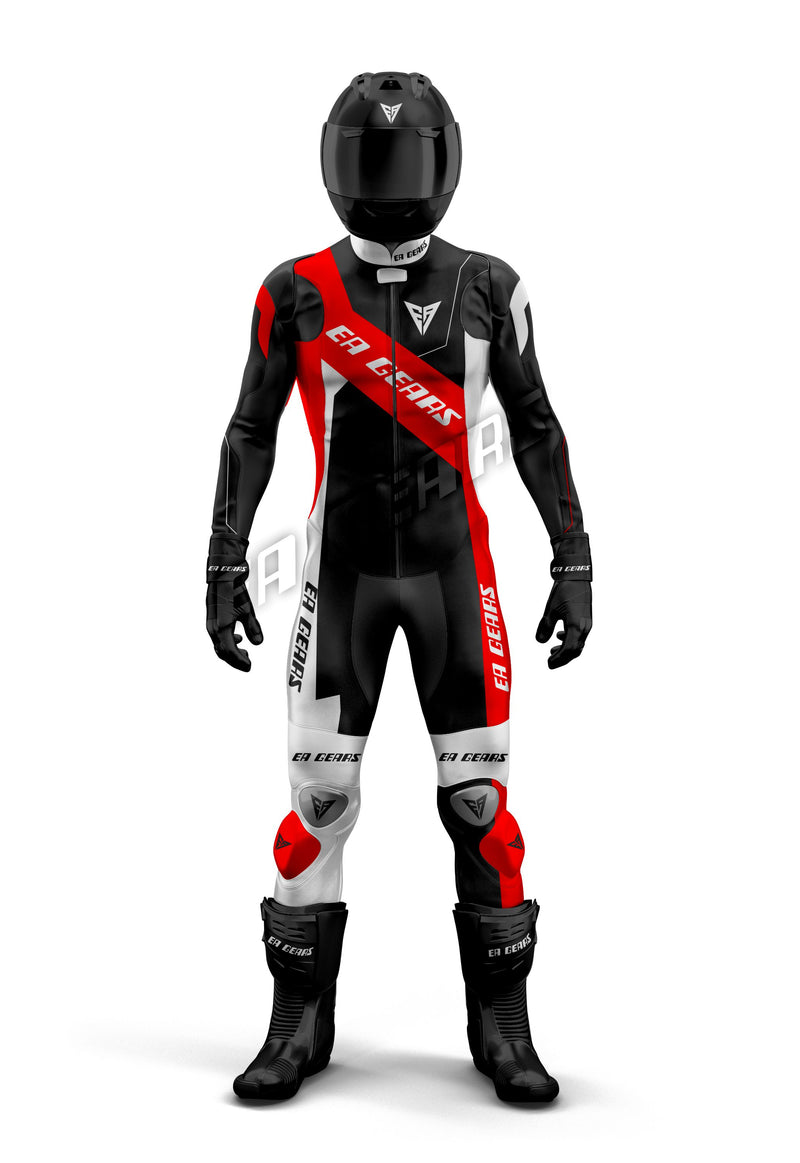 Full-body black, white, and red one-piece & two-piece leather motorcycle racing suit with an asymmetric color block design, featuring CE Level 1 & Level 2 armor, aerodynamic hump, and racing boots.