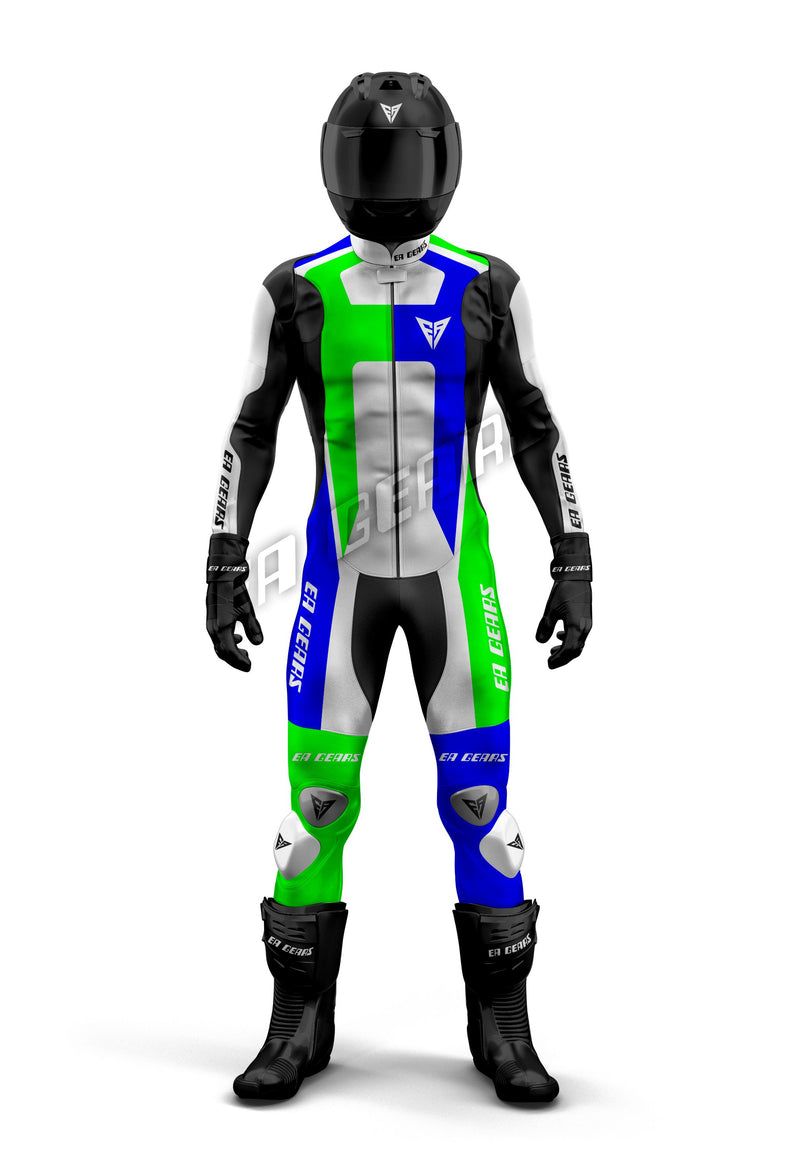 Full-length image of a professional one-piece & two-piece leather motorcycle racing suit with a unique asymmetrical design in vibrant blue, neon green, and white. Includes black helmet and boots.