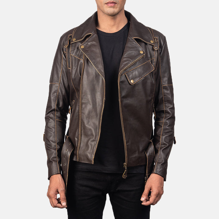 Vincent-distressed-brown-leather-biker-jacket-belted-waist-zip