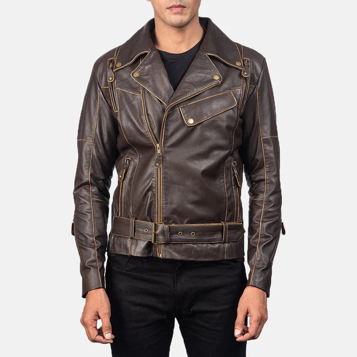 Vincent-distressed-brown-leather-biker-jacket-belted-waist