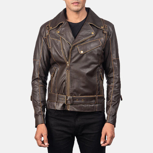 Vincent-distressed-brown-leather-biker-jacket-belted-waist