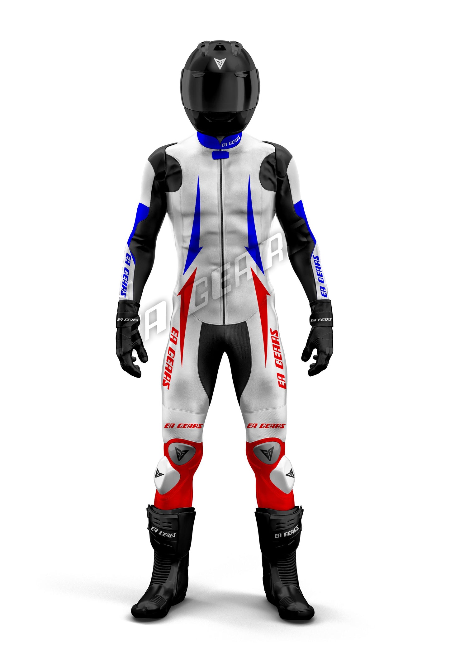 Full front view of Men's one-piece & two-piece White, Red, and Blue leather motorcycle racing suit with black boots and helmet